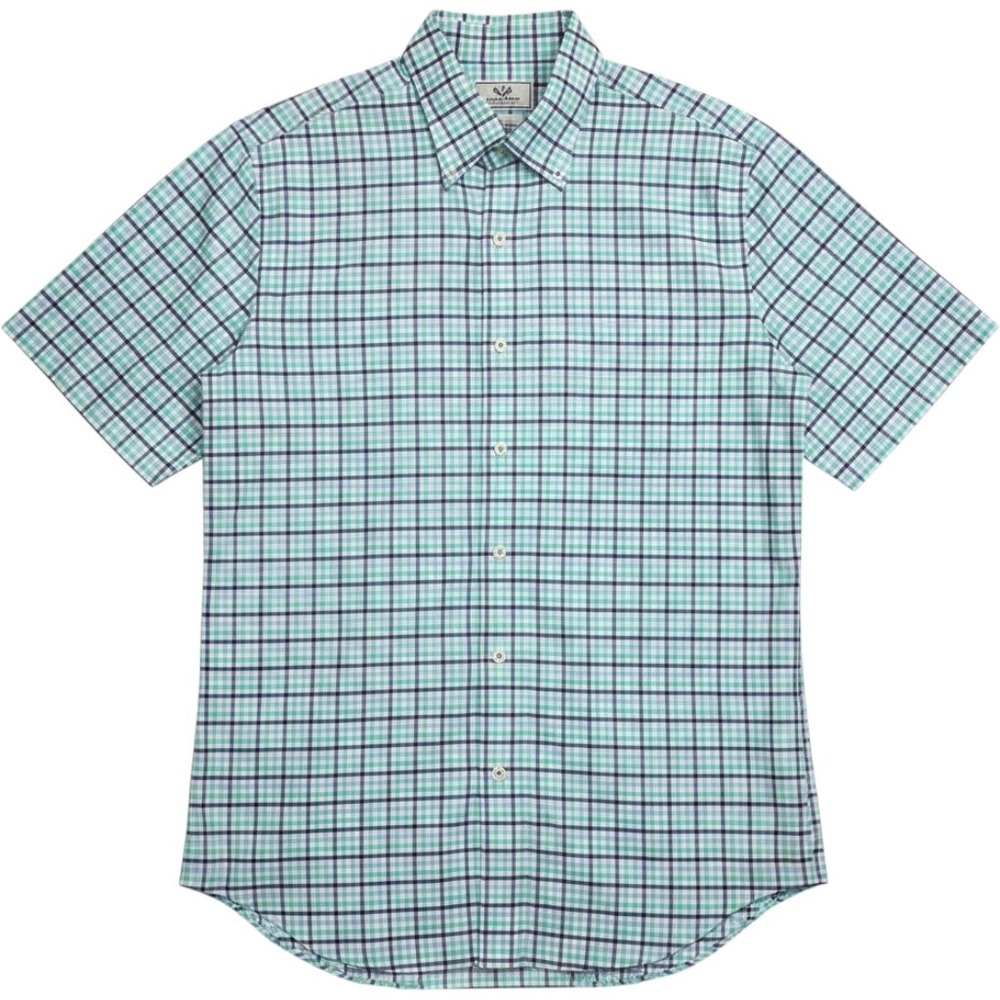 Peter Millar Short Sleeve Button Down Shirt Mens Small Blue Teal‎ Plaid RN100308